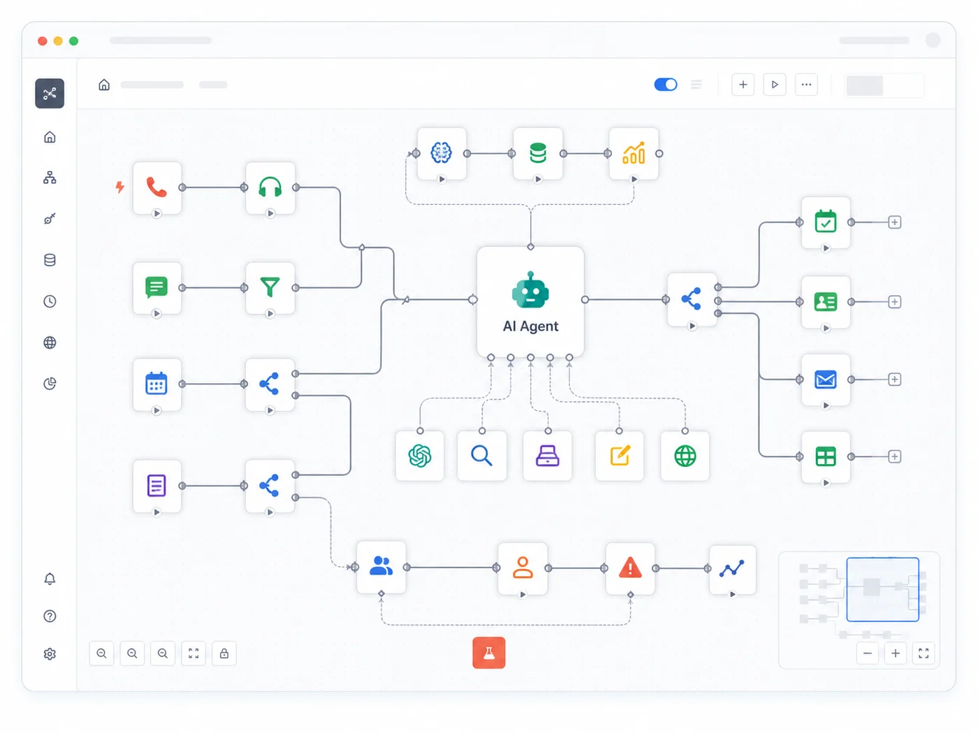 Complex AI agent automation workflow with connected trigger, calendar, CRM, messaging, and analytics steps