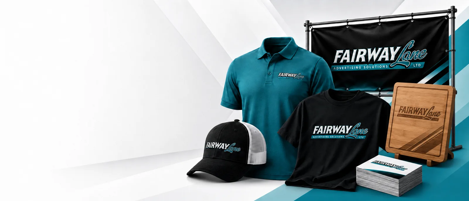 Embroidered polo, caps, tees and engraved boards produced in-house by Fairway Lane Ltd.