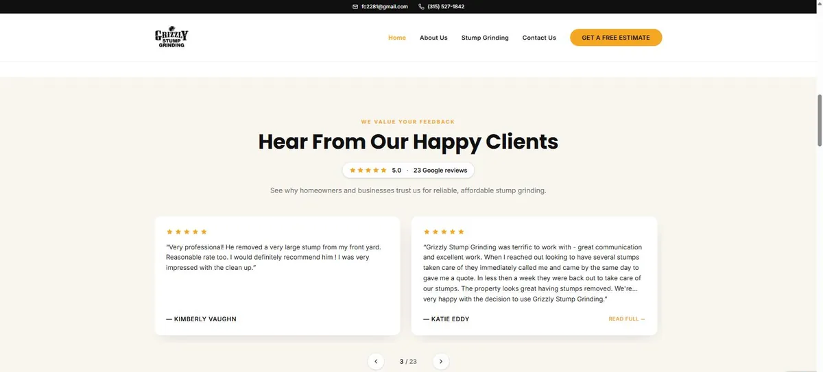 Customer reviews displayed on the Grizzly Stump Grinding website built by ReliTech Solutions