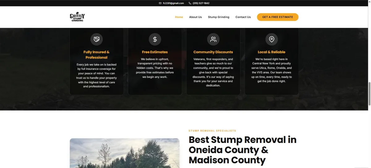 Why choose Grizzly Stump Grinding — fully insured, free estimates, community discounts, local and reliable