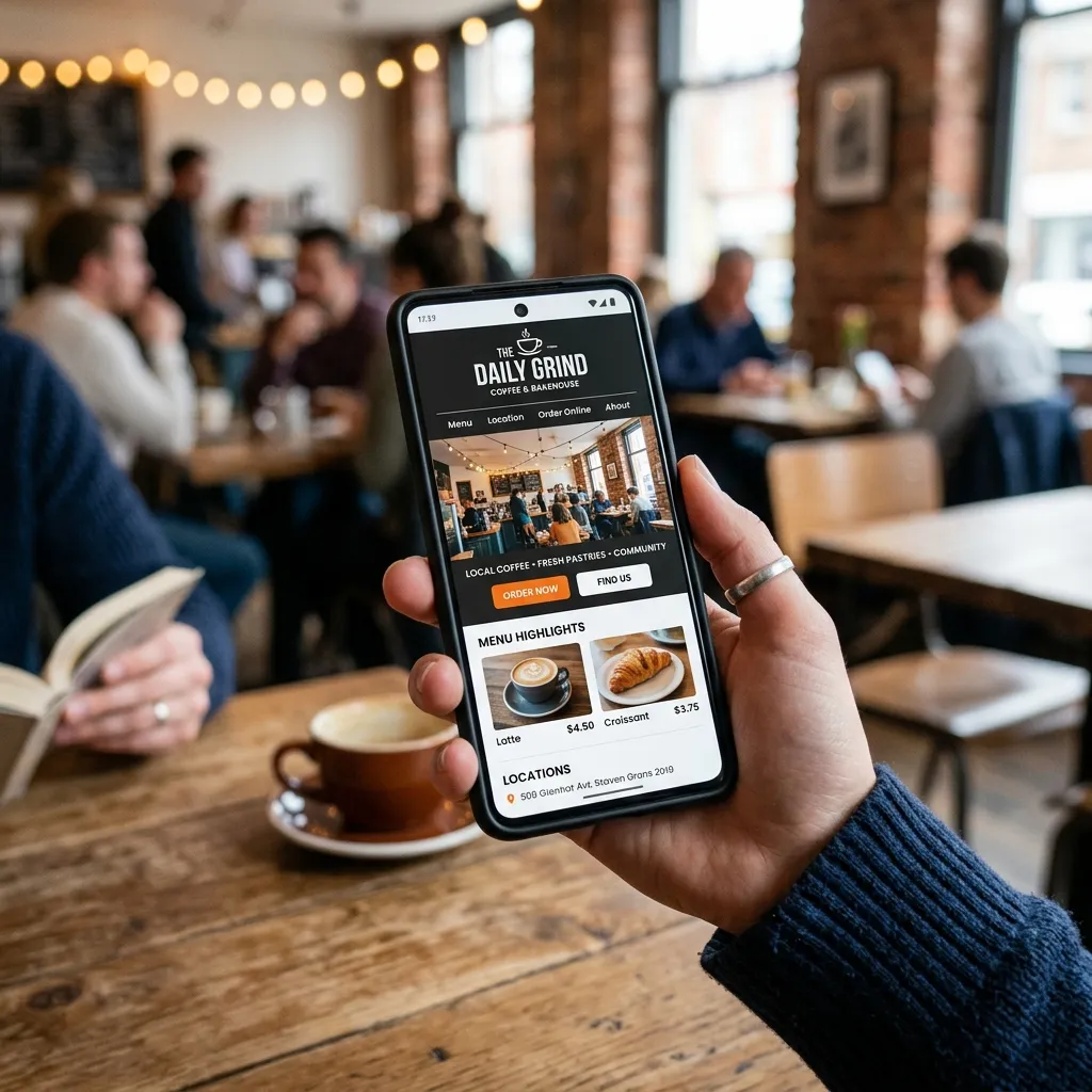 Phone mockup showing a fast, mobile-friendly Utica business site