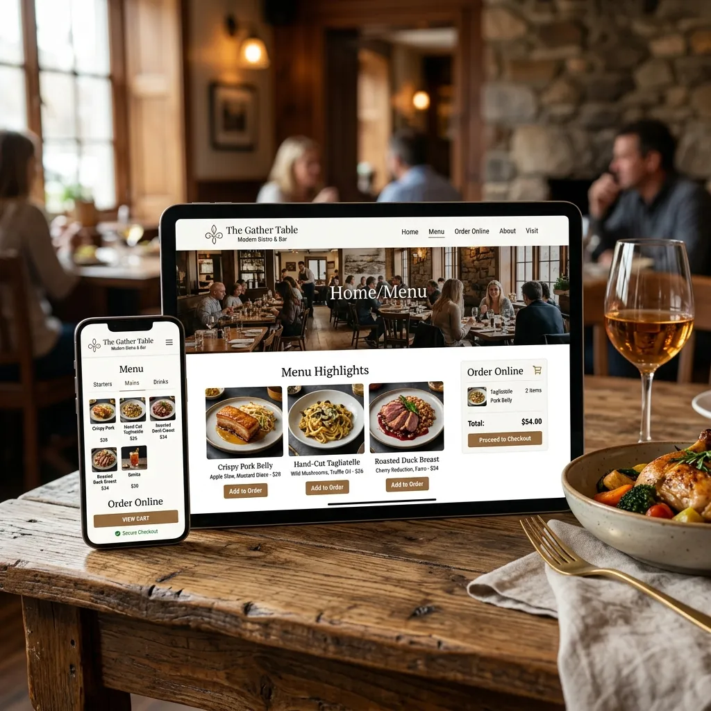 Mockup of a restaurant website with menu and online ordering